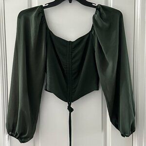 Shein Womens Green Long Sleeve Ruched Crop Top Blouse L